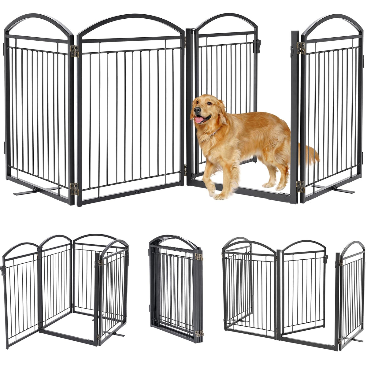 Full Metal Free Standing Dog Gate with Door for Outdoor Indoor,96'' Extra Wide 36'' Tall Dog Gates for Doorways,Large Openings,Decks,Porch,Freestanding Portable Pet Fence(4 Panels,Black)