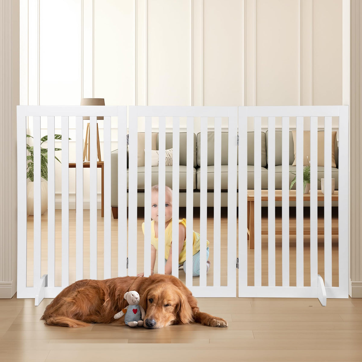 ZENY Freestanding Pet Gate for Dogs - 4 Panels Indoor Foldable Dog Fence for Stairs, Hallways, or Doorways - 82x24-Inch Freestanding Dog Gates, Brown