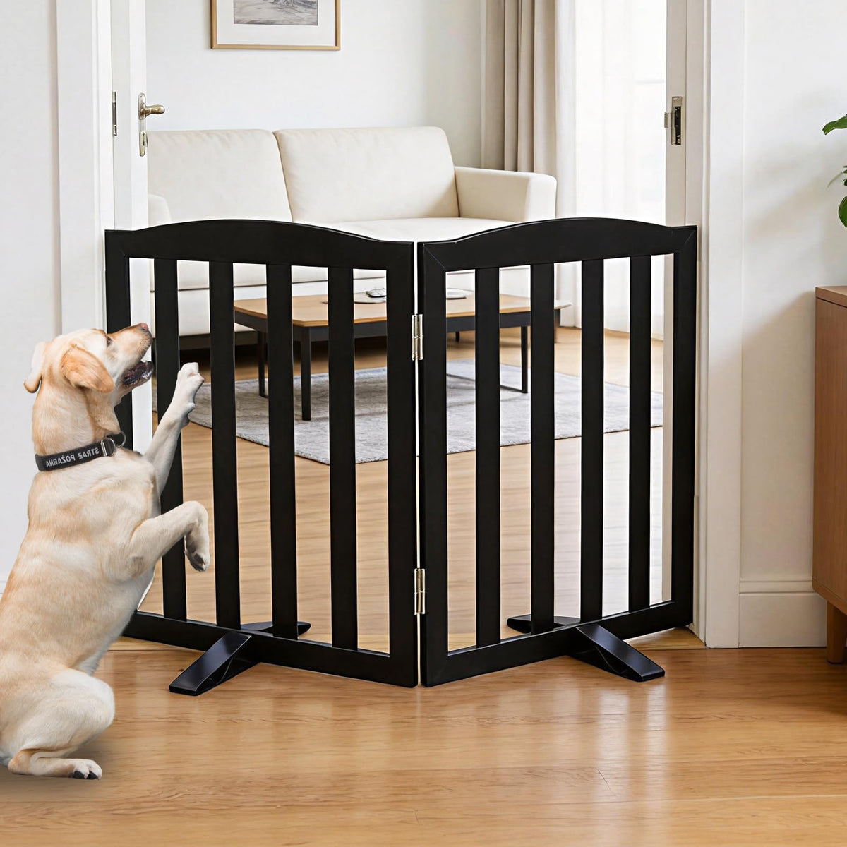 Freestanding Dog Gate Indoor,Doggie Gate Foldable Pet Gates for Doorways,Stairs or Hallways, Wooden Brown Pet Gate for the House, Pet Fence with Support Feet Included,24 "Height-2 Panels