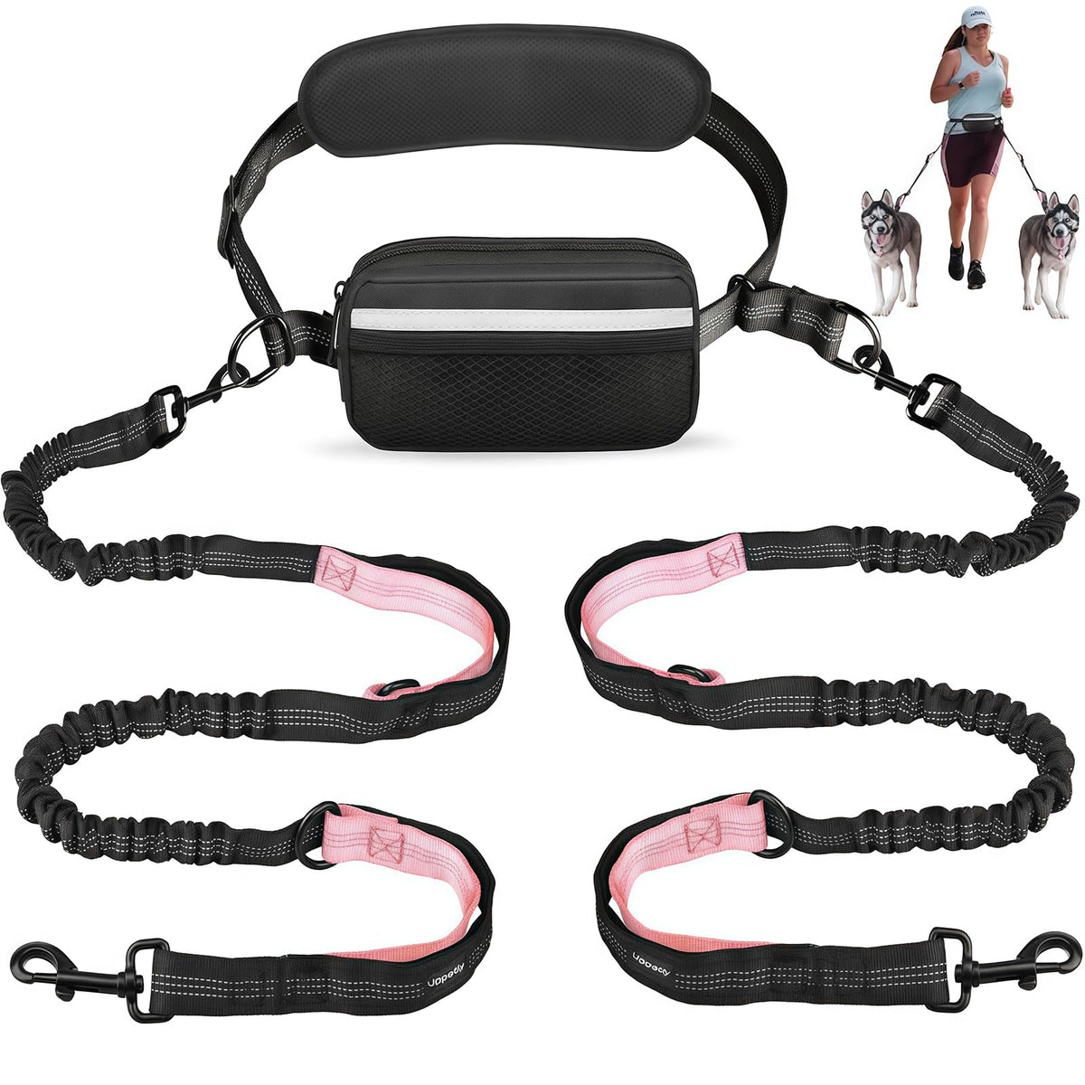 Uppetly Hands Free Dog Running Leash with Waist Belt, Dual Handle Elastic Bungees Retractable Rope for Medium and Large Dogs, Reflective Stitches for Walking Hiking Biking (Large Pink, 25-120lb