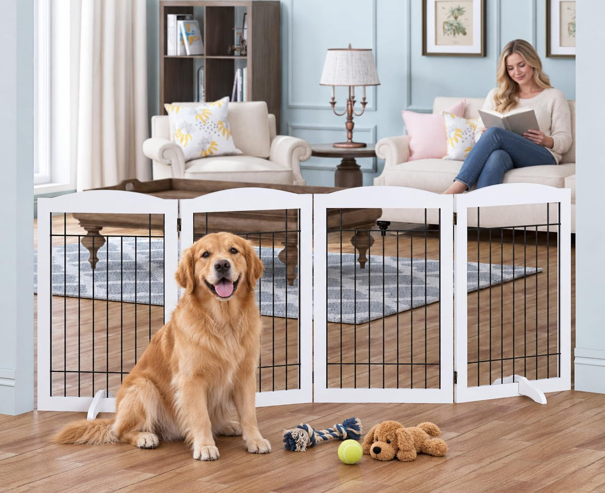 SPIRICH Pet Gate-Freestanding Dog Gate Indoor with Door, 96" Wide, 30" Tall