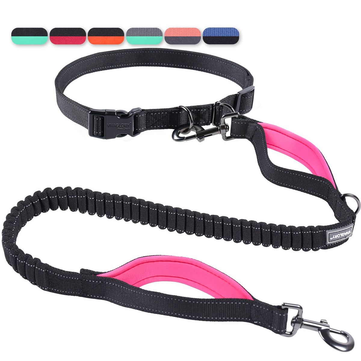 VIVAGLORY Hands Free Dog Leash Bungee Waist Leash for Dog, S, Black/Pink2