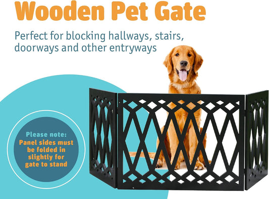 Etna 3-Panel Diamond Design Wood Pet Gate - Decorative Black Tri Fold Dog Fence for Doorways, Stairs - Indoor/Outdoor Pet Barrier - 24-48 Inches Wide x 19 Inches Tall