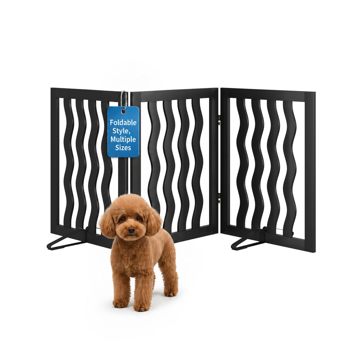 Semiocthome Dog Gate Wooden 360° Foldable 24 Inch Height Freestanding Pet Safety Gate with 2 Metals Stands for Puppy Indoor House Use (Brown, 2-Panel, Rounded Corner Pattern)