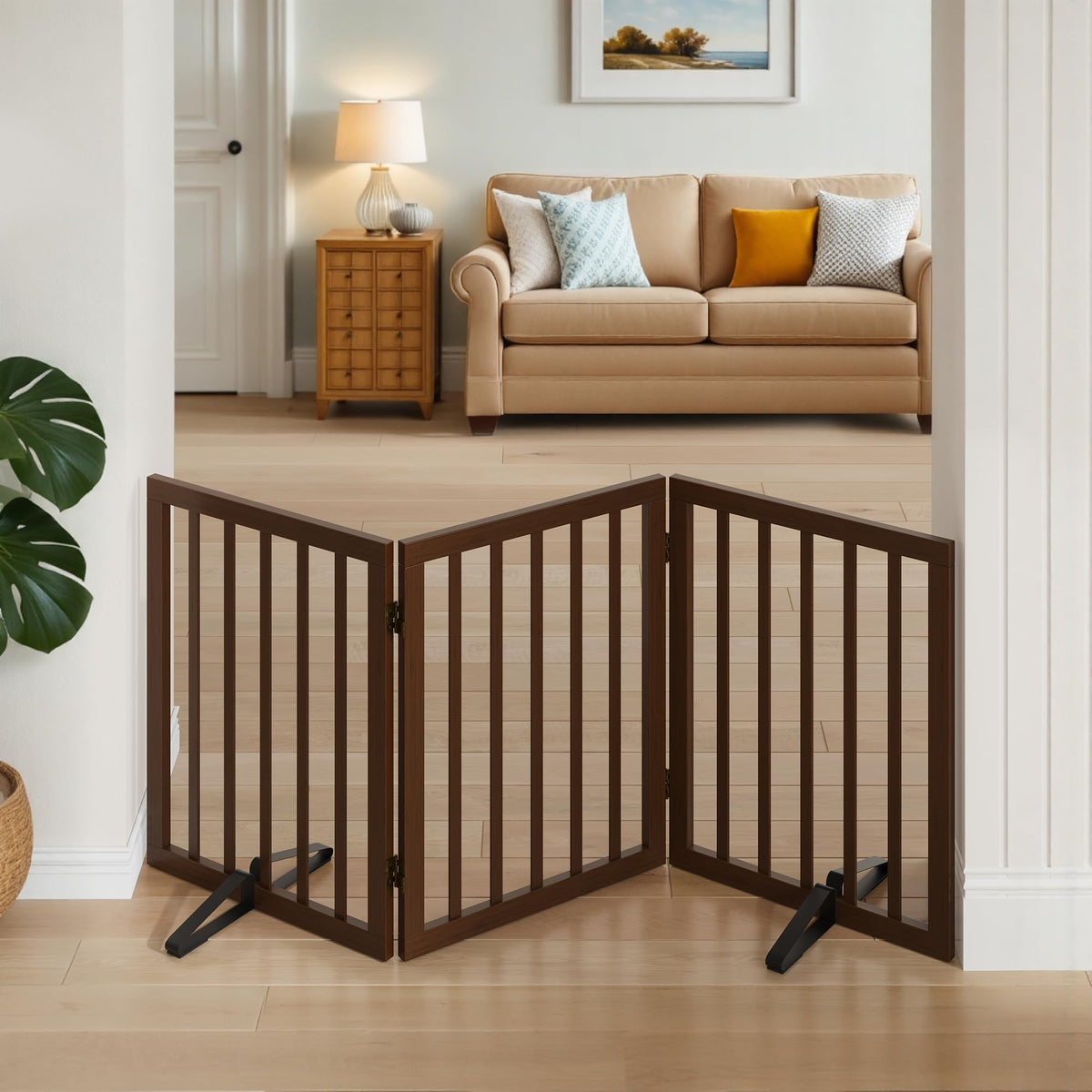 Freestanding Pet Gate Foldable Dog Gate (55 inches Wide) Walnut Bamboo Dog Gates for Stairs Doorways House (2 Support Feet Included)