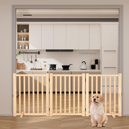 Wooden Freestanding Dog Gate, Foldable Pet Gate with Support Feet, Indoor Dog Fence for The House,Doorways, Stairs，Expandable Pet Fence -3 Panel H:24”
