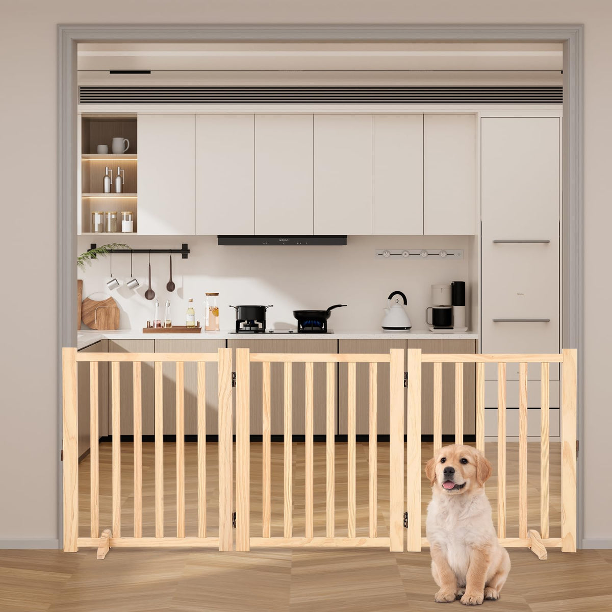 Wooden Freestanding Dog Gate, Foldable Pet Gate with Support Feet, Indoor Dog Fence for The House,Doorways, Stairs，Expandable Pet Fence -3 Panel H:24”