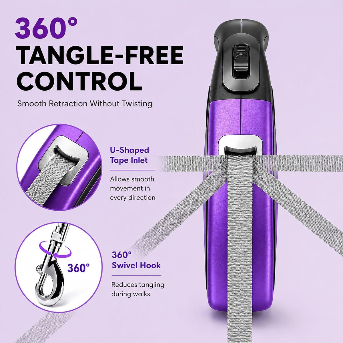 Heavy Duty Retractable Dog Leash-16ft Strong & Durable Walking Leash for S to L Dogs up to 45/115 lbs, Upgraded Lock System, Non Slip Grip, Tangle Free (Purple, Medium-Large Sized)