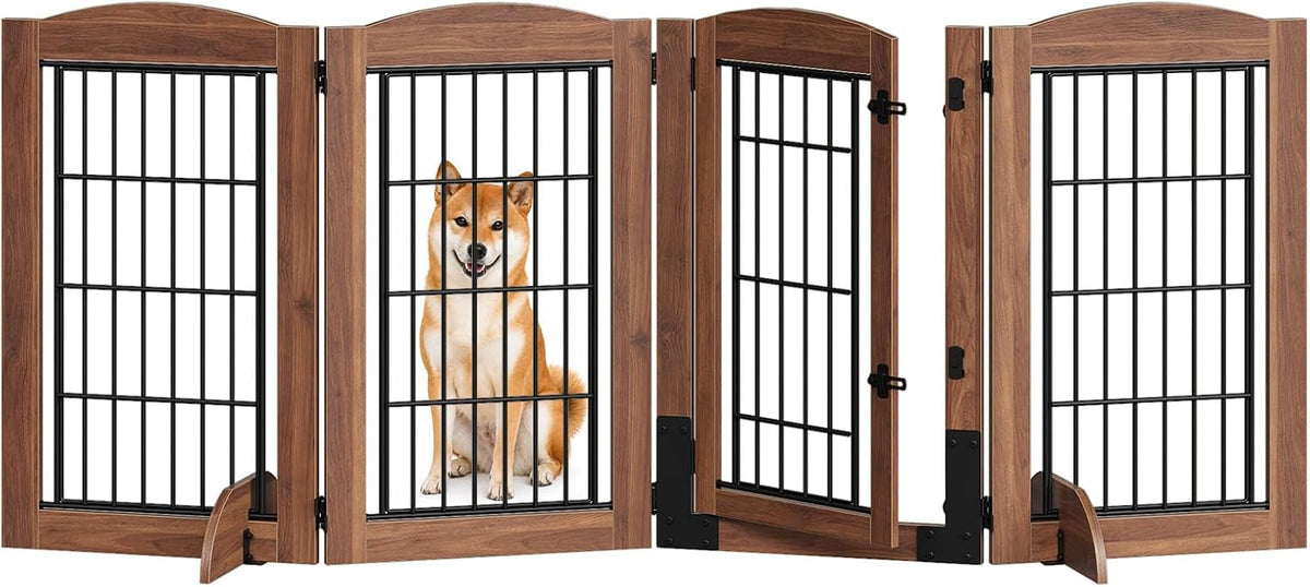 HOOBRO 4 Panels Dog Gate Indoor with Door, 32.7'' Tall Freestanding Pet Gate with 2 Support Feet, Foldable Dog Fence for Doorways, Stairs, Wooden Pet Puppy Safety Fence, Walnut BH86PP03N1