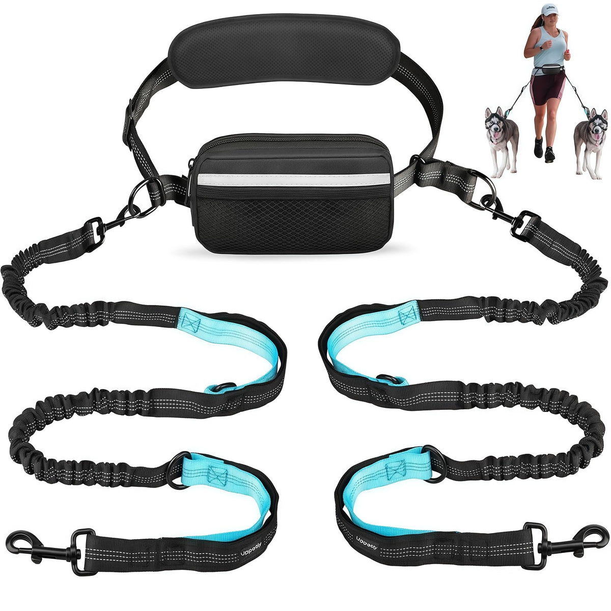 Uppetly Hands Free Dog Running Leash with Waist Belt, Dual Handle Elastic Bungees Retractable Rope for Medium and Large Dogs, Reflective Stitches for Walking Hiking Biking (Large Pink, 25-120lb