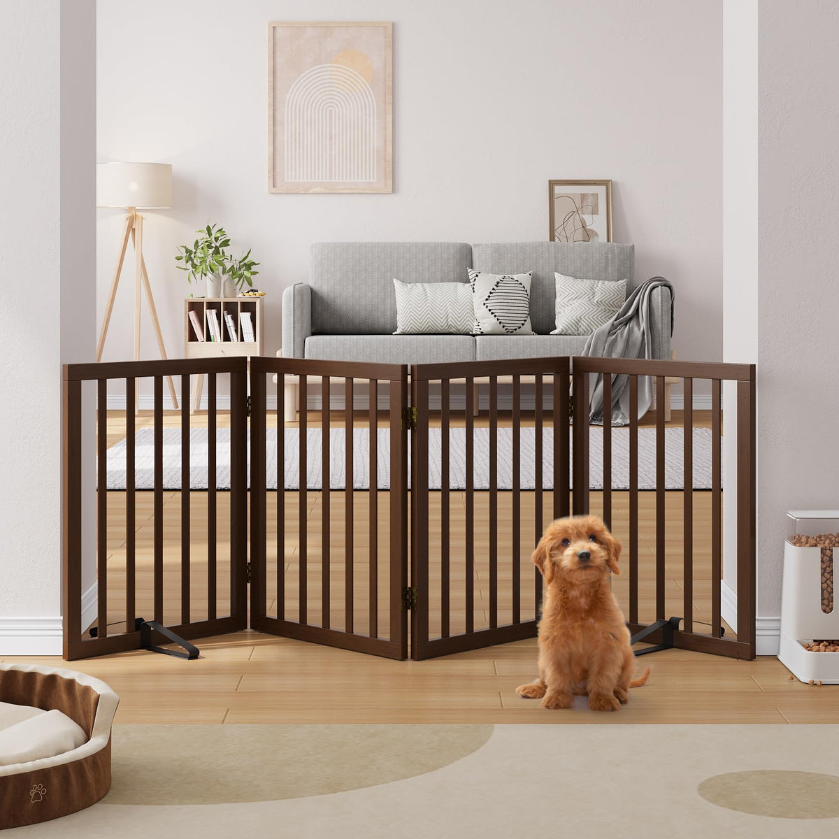 Semiocthome Dog Gate Indoor 2-Panel Freestanding Puppy Gates for The House with 2 Metal Stands 24" H Folding Wood Pet Gate for Stairs Doorway, Fully Assembled Safety Fence - Walnut