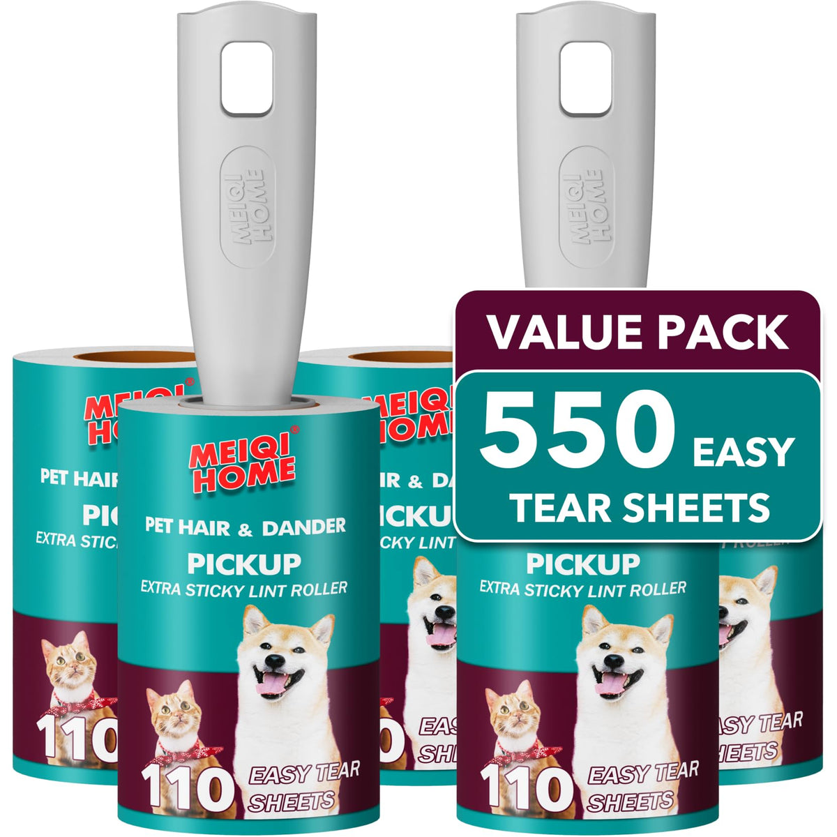 Lint Rollers for Pet Hair Extra Sticky, 555 Sheets Mega Value Set Lint Roller with 5 Upgraded Handles, 5 Rollers Portable Pet Lint Remover for Clothes, Furniture, Carpet, Dog & Cat Hair Removal