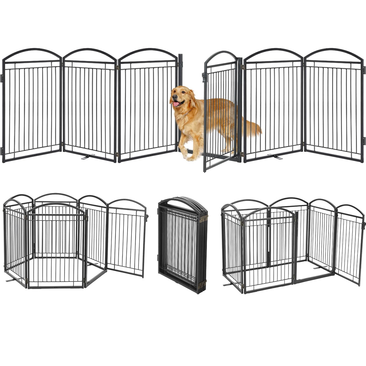 Full Metal Free Standing Dog Gate with Door for Outdoor Indoor,96'' Extra Wide 36'' Tall Dog Gates for Doorways,Large Openings,Decks,Porch,Freestanding Portable Pet Fence(4 Panels,Black)