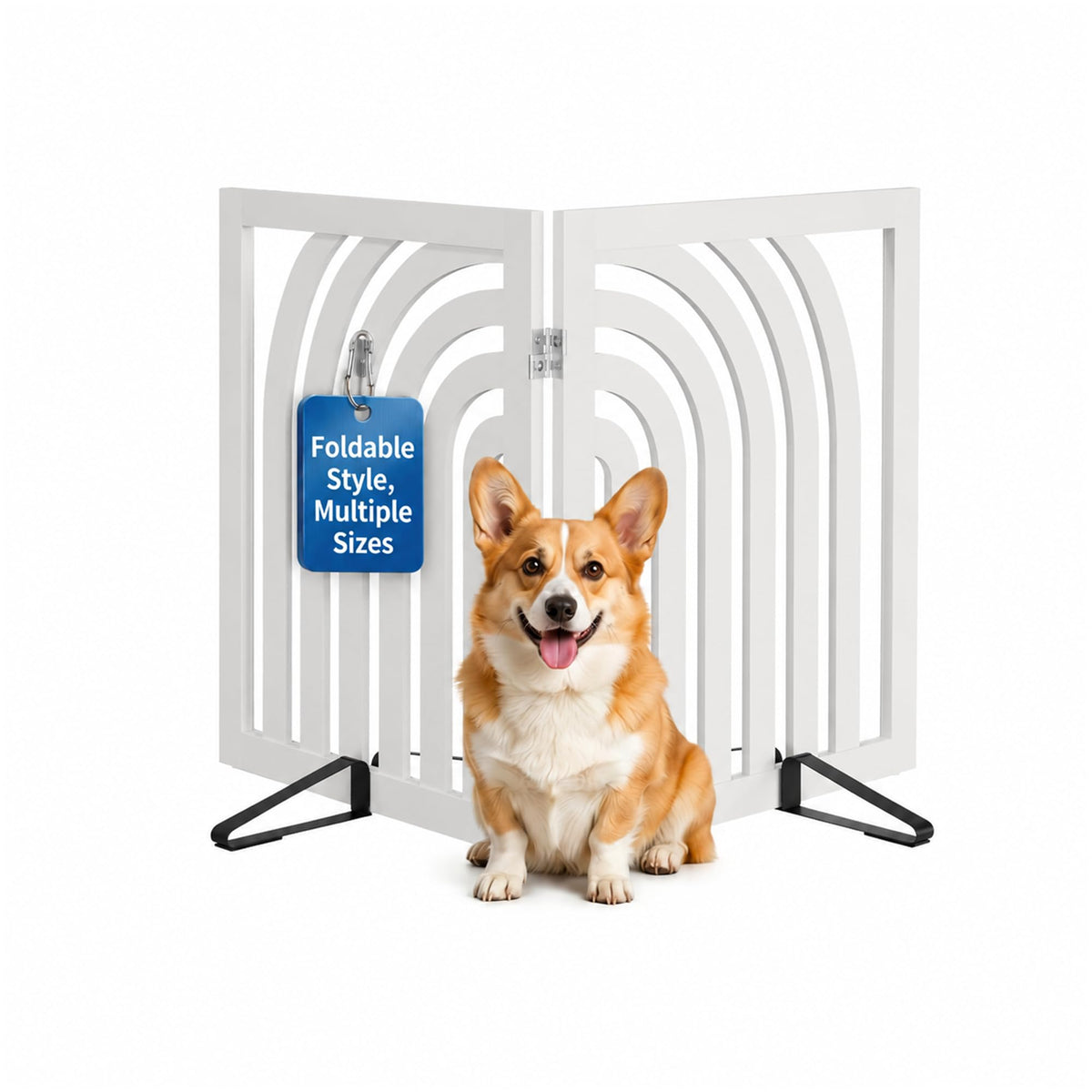 Semiocthome Dog Gate Wooden 360° Foldable 24 Inch Height Freestanding Pet Safety Gate with 2 Metals Stands for Puppy Indoor House Use (Brown, 2-Panel, Rounded Corner Pattern)