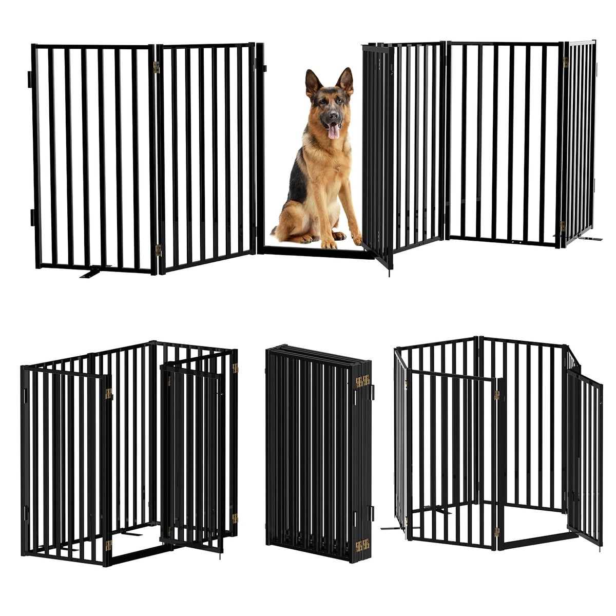 Full Metal Freestanding Dog Gates with Door, 36" Height Dog Fences for Indoor & Outdoor, Extra Wide Foldable Pet Gates for Stairs, Hallways, Doorways, Yard (4 Panels, 80" W × 36" H)