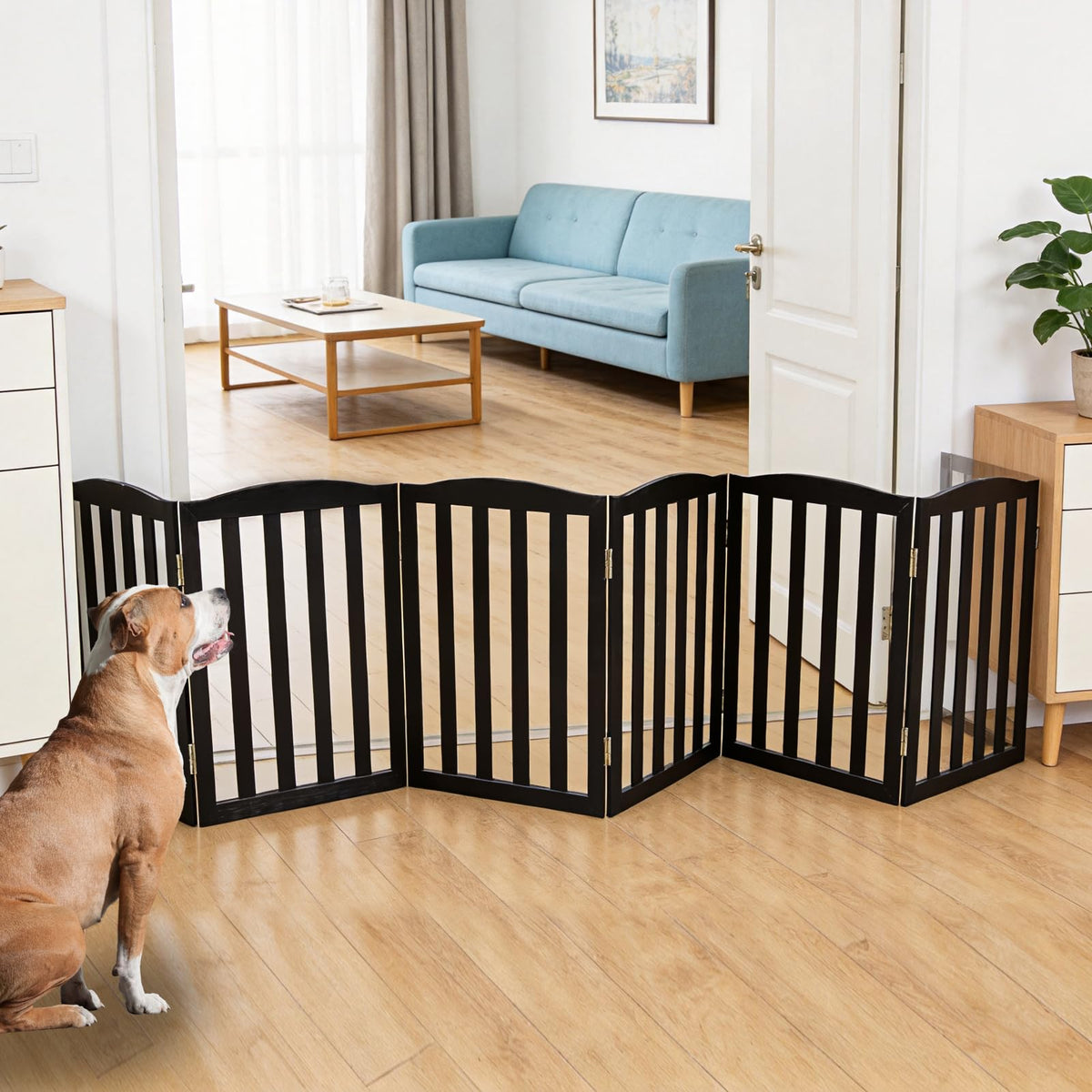 ZJSF Foldable Freestanding Indoor Dog Gate for House Wood White Long Pet Gates Dog Fence for Stairs Puppy Gates for Hallways, Puppy Gate,Support Feet Included, Brown, 24 "Height-3 Panels