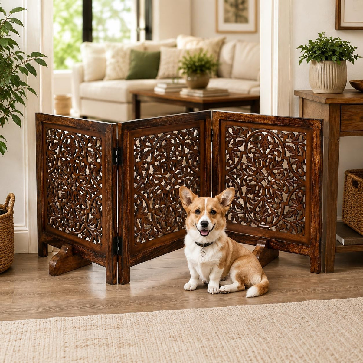 Dog Gate Freestanding 60x24, Burnt Daisy, Folding 3 Panel