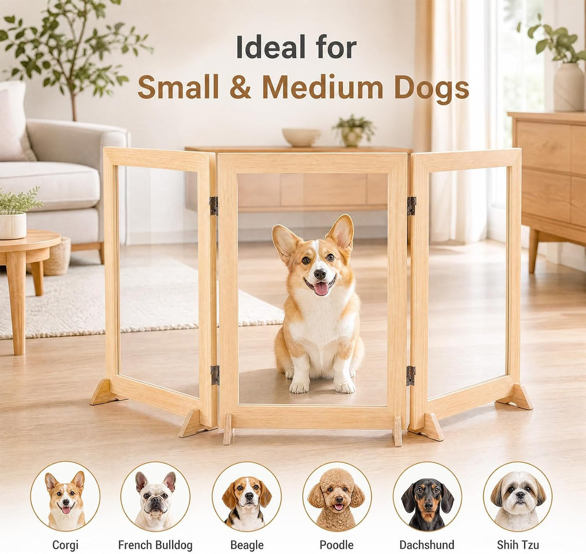 Wood Clear Dog Gate, Clear Acrylic Pet Gate for Dogs, Free Standing Pet Gates with Wooden Legs Prevent Tipping for Doorways, 3-Folding Freestanding Puppy Cat Fence, Dog Barriers for Indoor