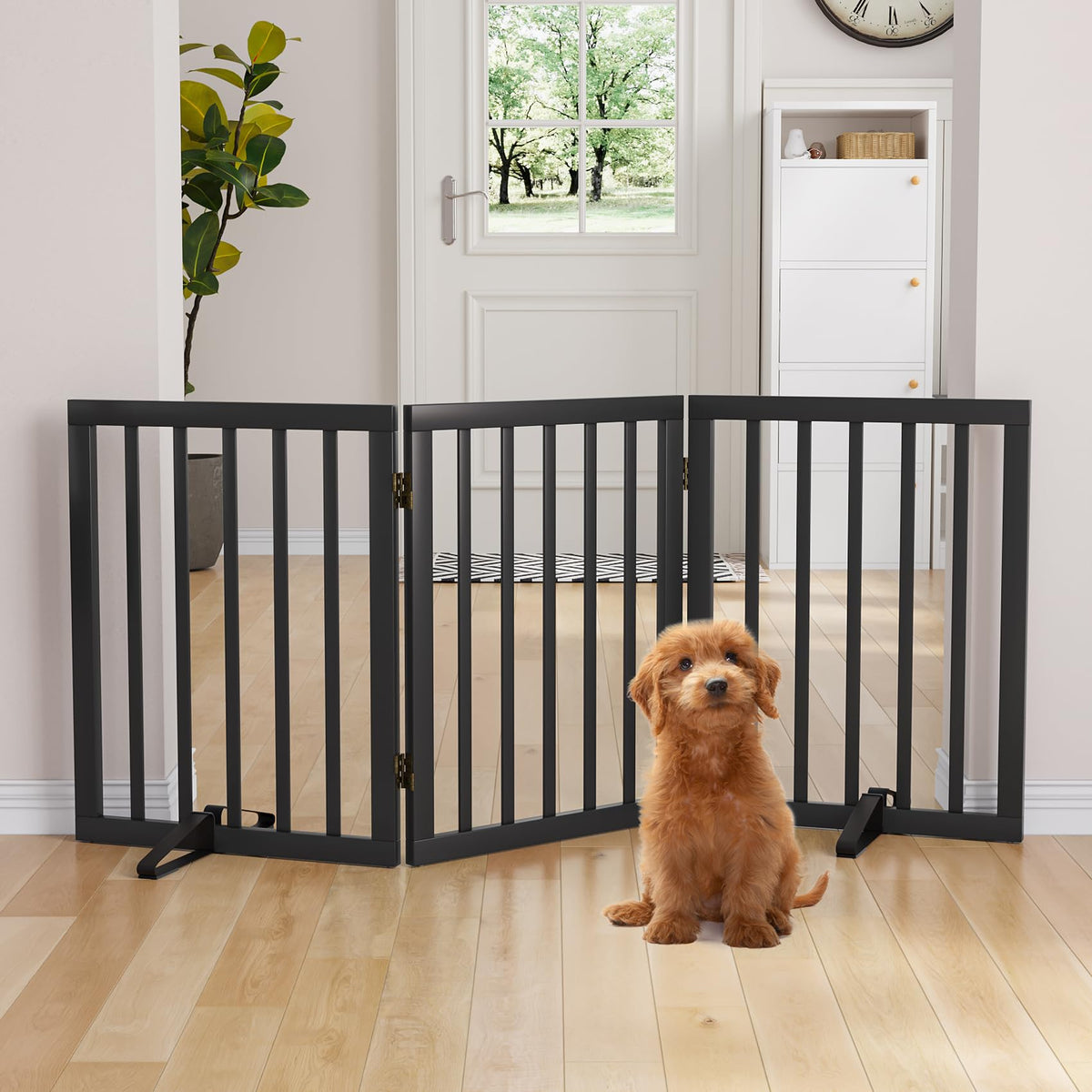 Semiocthome Dog Gate Indoor 2-Panel Freestanding Puppy Gates for The House with 2 Metal Stands 24" H Folding Wood Pet Gate for Stairs Doorway, Fully Assembled Safety Fence - Walnut