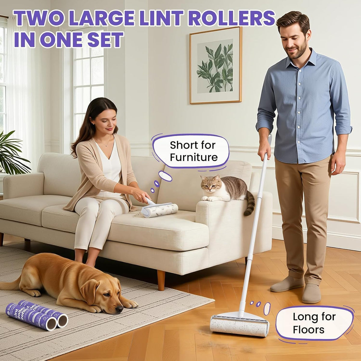 DELOMO 9.45” Large Lint Roller for Pet Hair, Long & Short Handles, 2 Packs