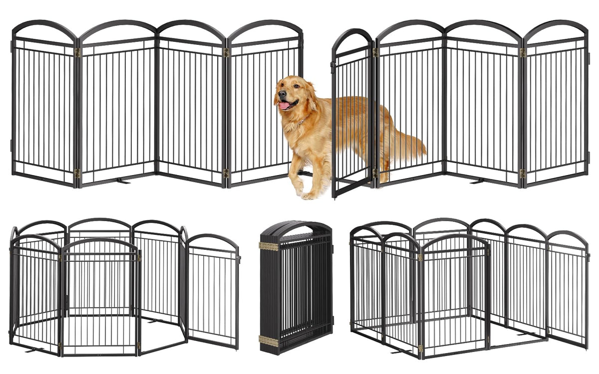 Full Metal Free Standing Dog Gate with Door for Outdoor Indoor,96'' Extra Wide 36'' Tall Dog Gates for Doorways,Large Openings,Decks,Porch,Freestanding Portable Pet Fence(4 Panels,Black)