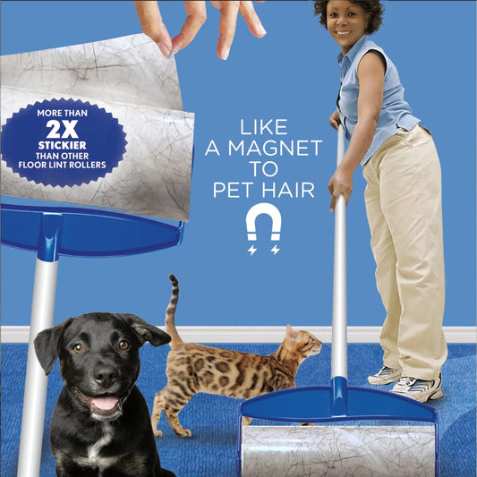 LOLA Rola PET Hair Remover Sticky Mop, Giant Floor Lint Roller, 9.5" x 3.5", Aluminum Handle, Largest Head, Traps Hair, Dust, Dirt, Extra Sticky Sheets