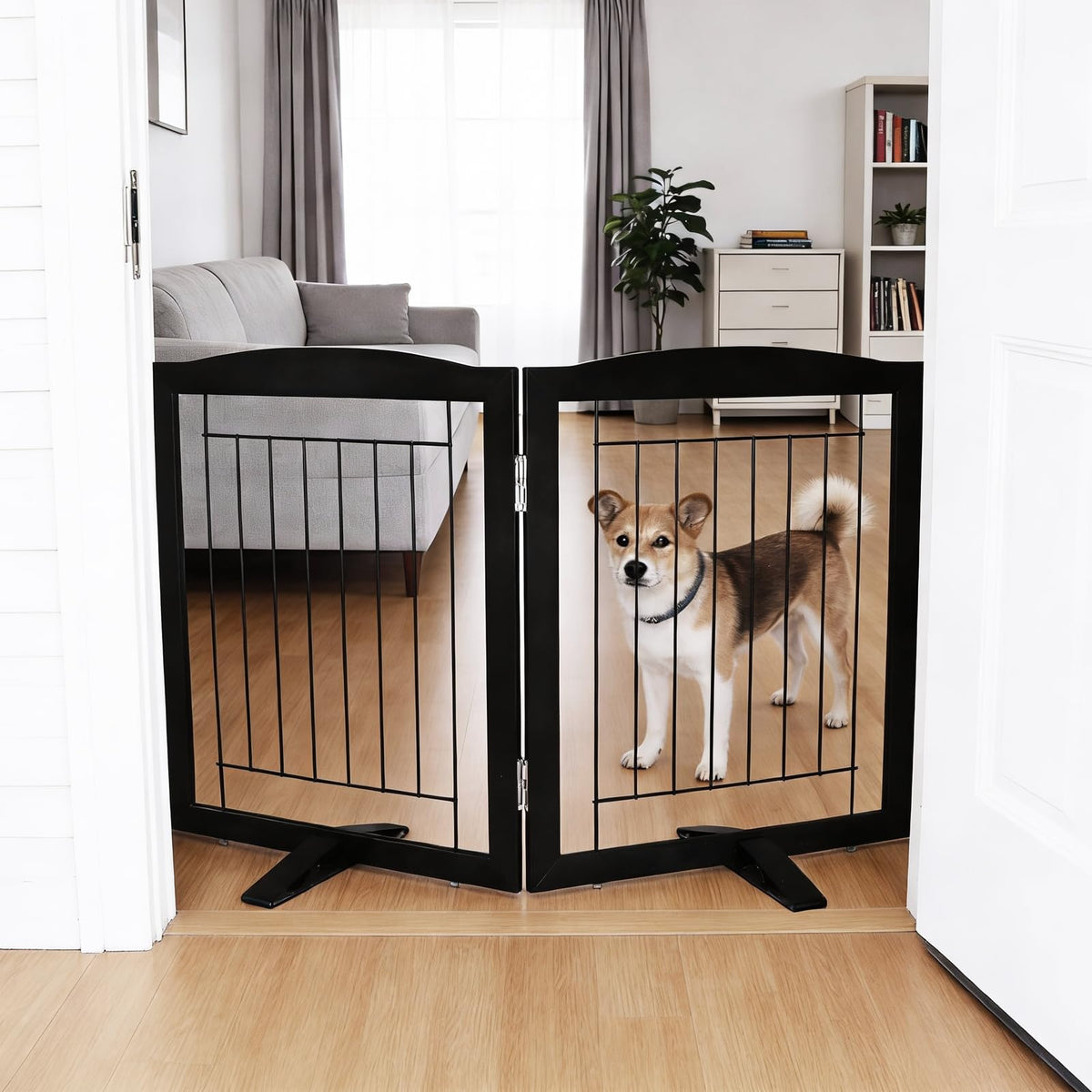 Dog Fence Indoor,Dog Gate Indoor for Doorway pet gate -3-Panel Freestanding, Hallways, House or Stairs -60x24-Inch Retractable Foldable Expandable Wood Pet by SFJC (Brown) ﻿