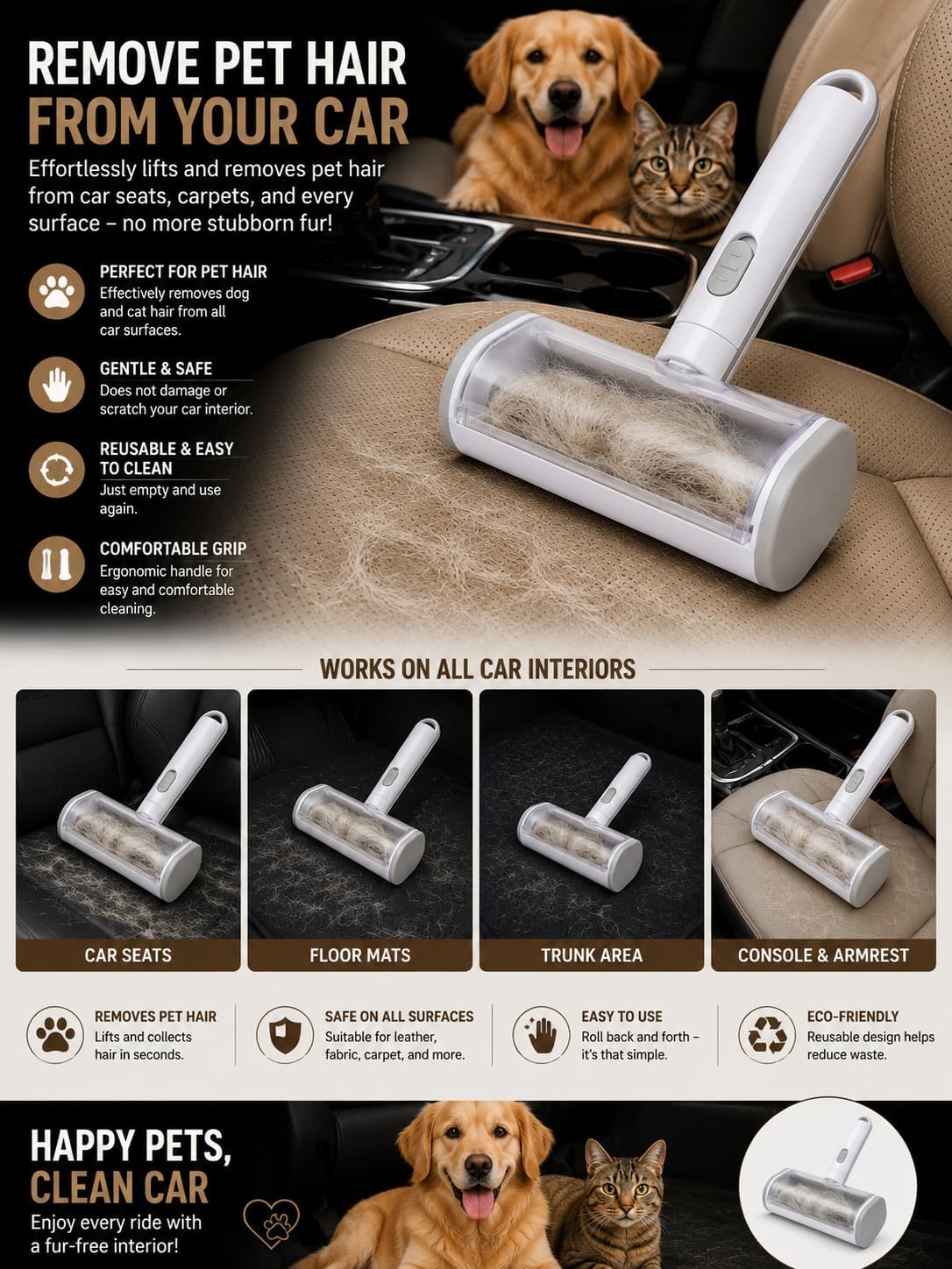 Pet Hair Remover Roller for Furniture and Couch - Reusable Two-Way Dog & Cat Fur Remover Tool - Self-Cleaning Multi-Surface Lint Roller for Carpet, Bedding and Car Interiors
