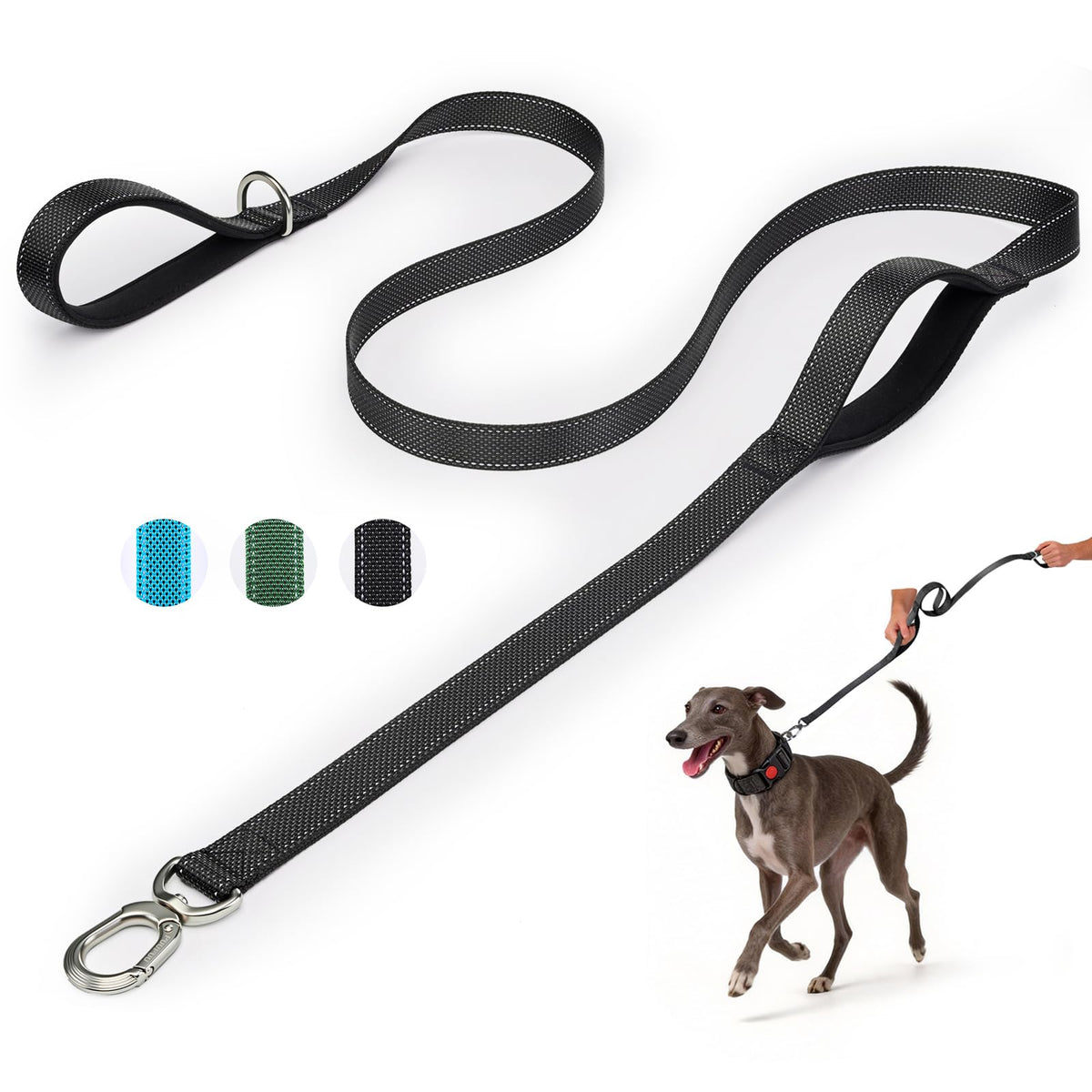 Heavy Duty Dog Leash with Easy Lock Metal Clip, Reflective, Padded Handle - Durable 4ft Walking Training Green Leash for Large, Medium, Small Dogs, Jogging, Hiking, and Outdoor Use