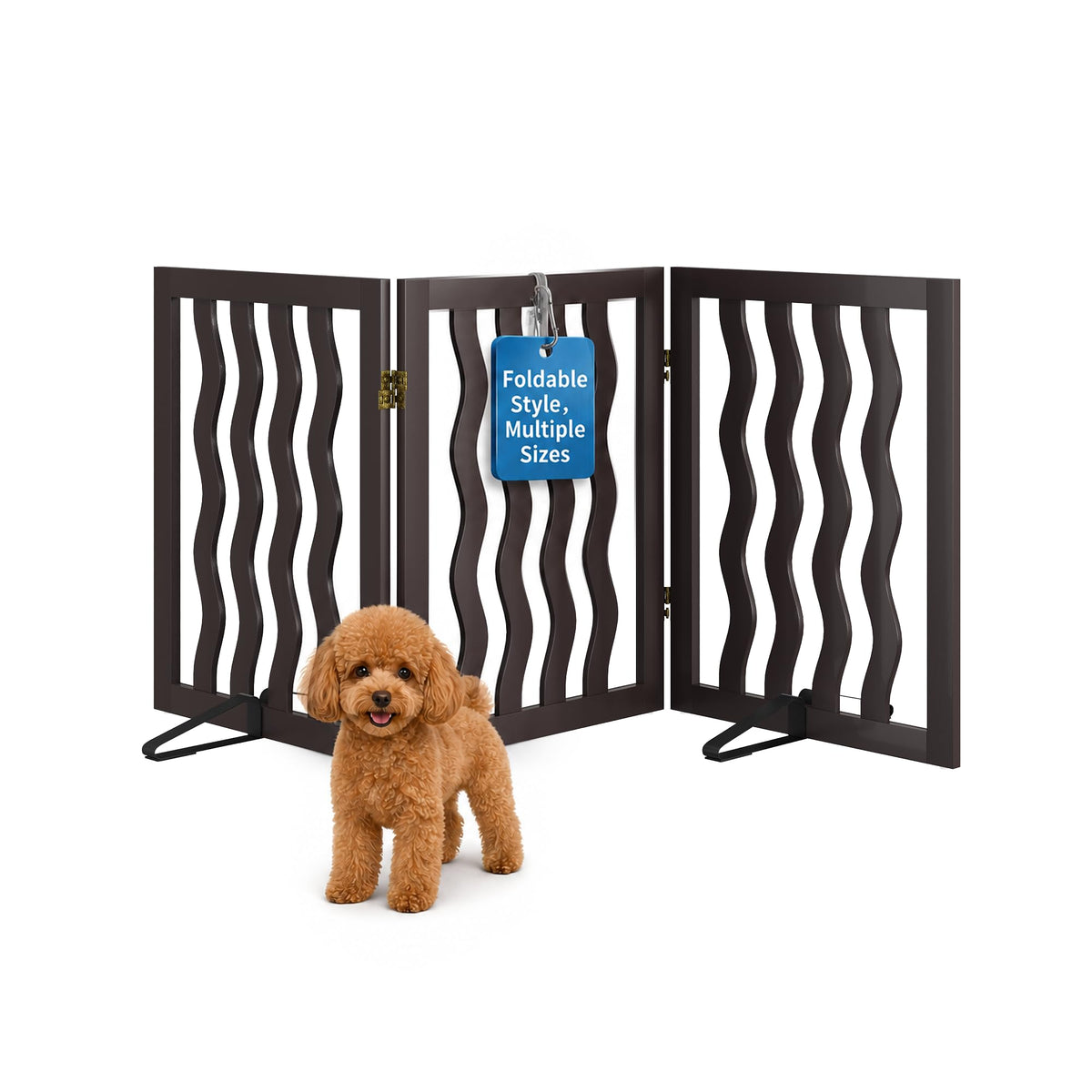 Semiocthome Dog Gate Wooden 360° Foldable 24 Inch Height Freestanding Pet Safety Gate with 2 Metals Stands for Puppy Indoor House Use (Brown, 2-Panel, Rounded Corner Pattern)