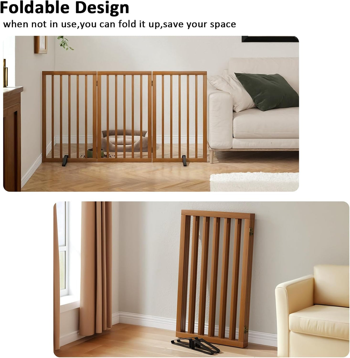 Dog Gate 32" Tall Foldable Dog Gate for Doorways Freestanding Pet Gate for Dogs Indoor (Walnut, 3 Panel)