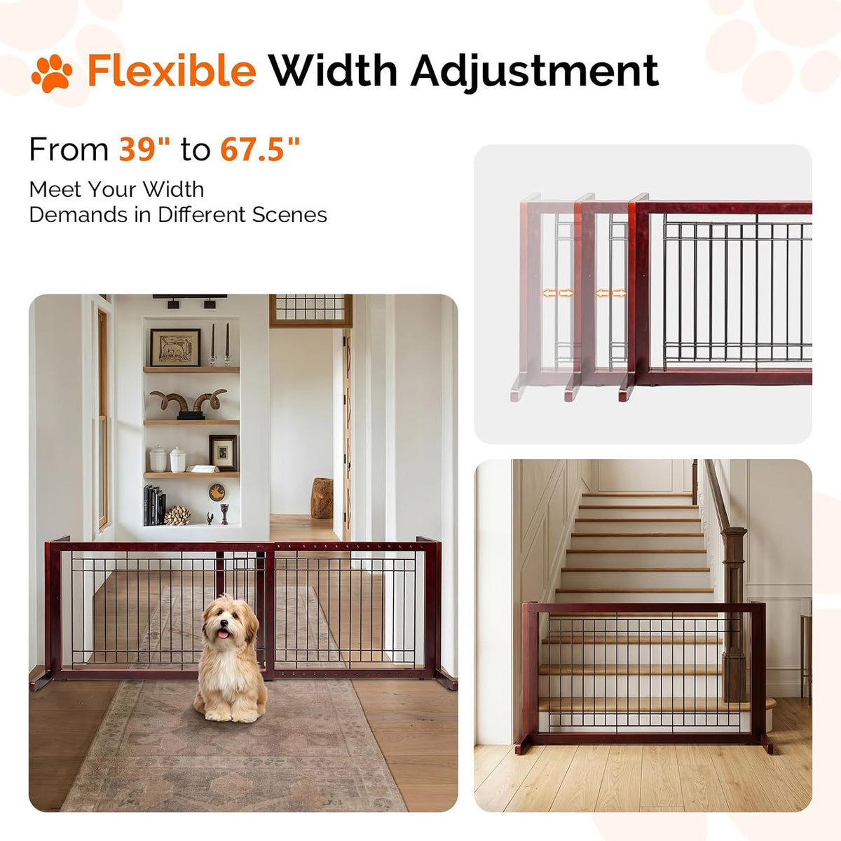 Bonnlo Free Standing Dog Gate, 39" - 68" Wide Pet Gate for Fireplace Stairs Doorways, Wooden Adjustable Pet Fence Indoor, Christmas Tree Gate (Cherry)