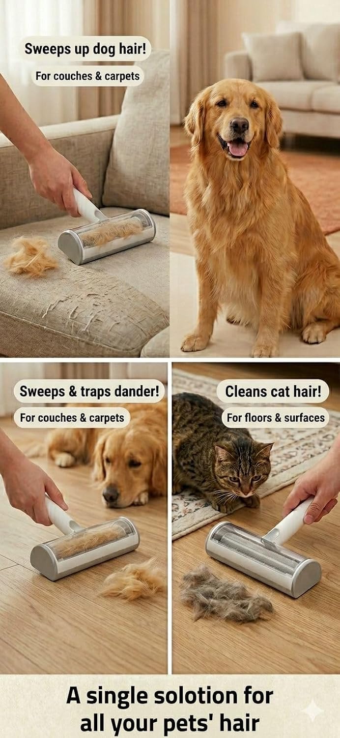 Pet Hair Remover Roller for Furniture and Couch - Reusable Two-Way Dog & Cat Fur Remover Tool - Self-Cleaning Multi-Surface Lint Roller for Carpet, Bedding and Car Interiors