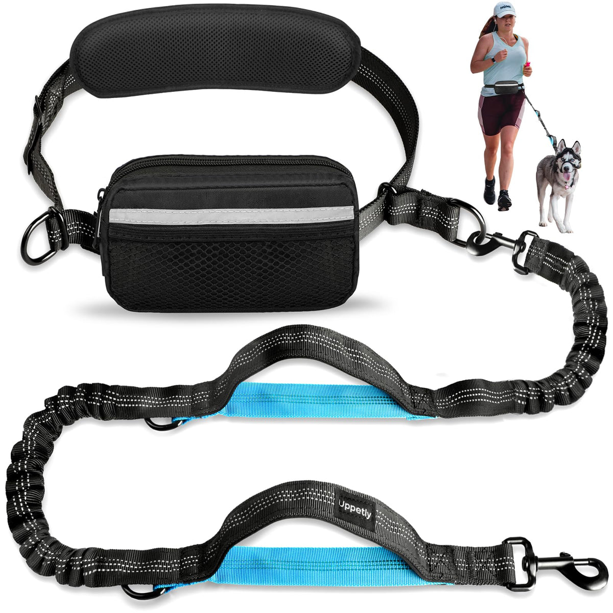 Uppetly Hands Free Dog Running Leash with Waist Belt, Dual Handle Elastic Bungees Retractable Rope for Medium and Large Dogs, Reflective Stitches for Walking Hiking Biking (Large Pink, 25-120lb