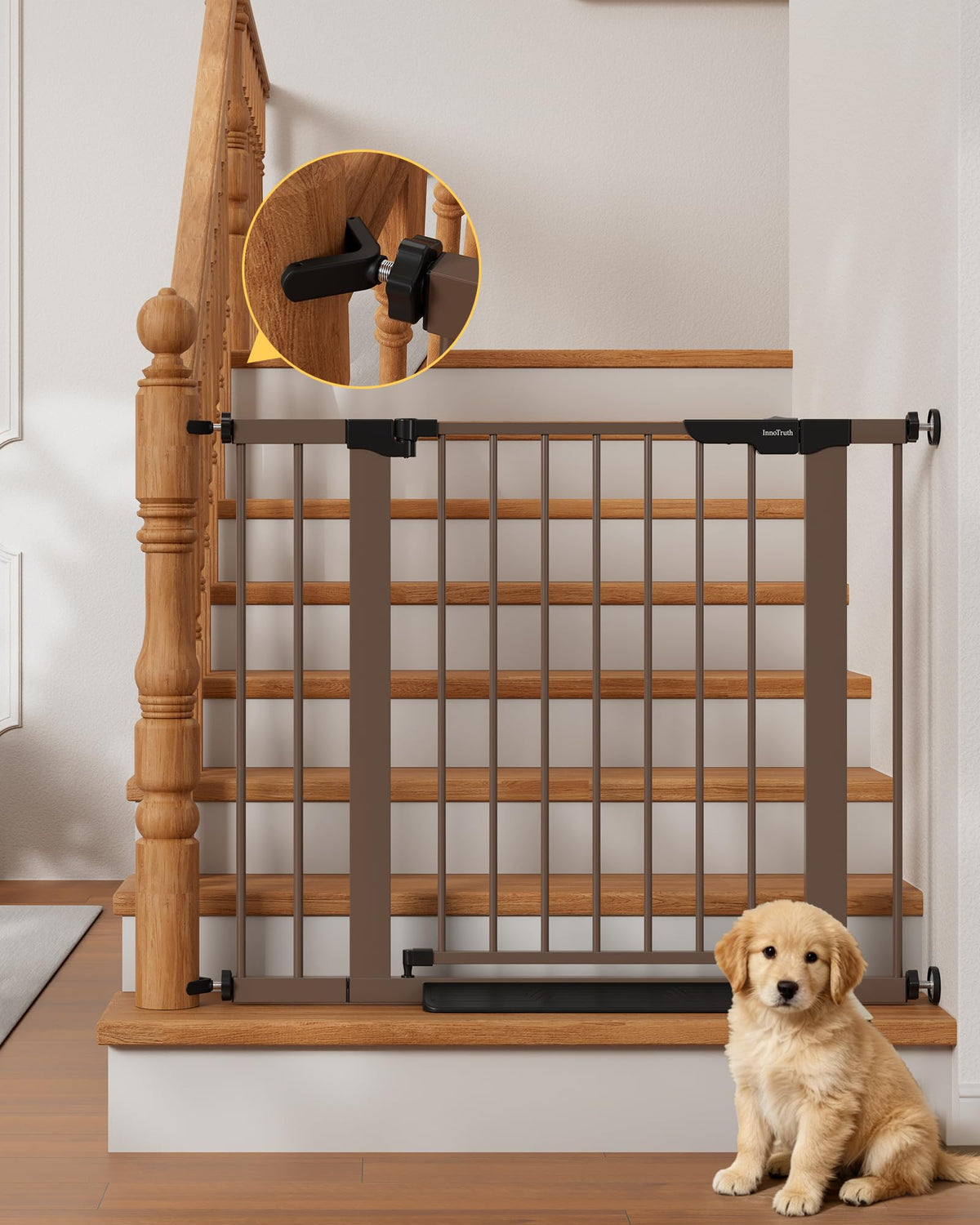 InnoTruth 29.6-39.1 in Wide Baby Gate for Stairs and Doorways, Brown