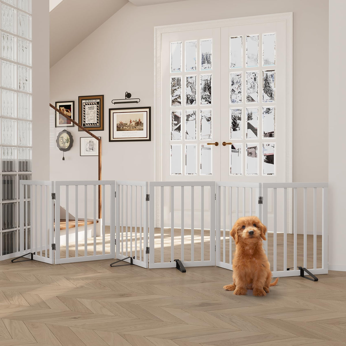 Semiocthome Dog Gate Indoor 2-Panel Freestanding Puppy Gates for The House with 2 Metal Stands 24" H Folding Wood Pet Gate for Stairs Doorway, Fully Assembled Safety Fence - Walnut
