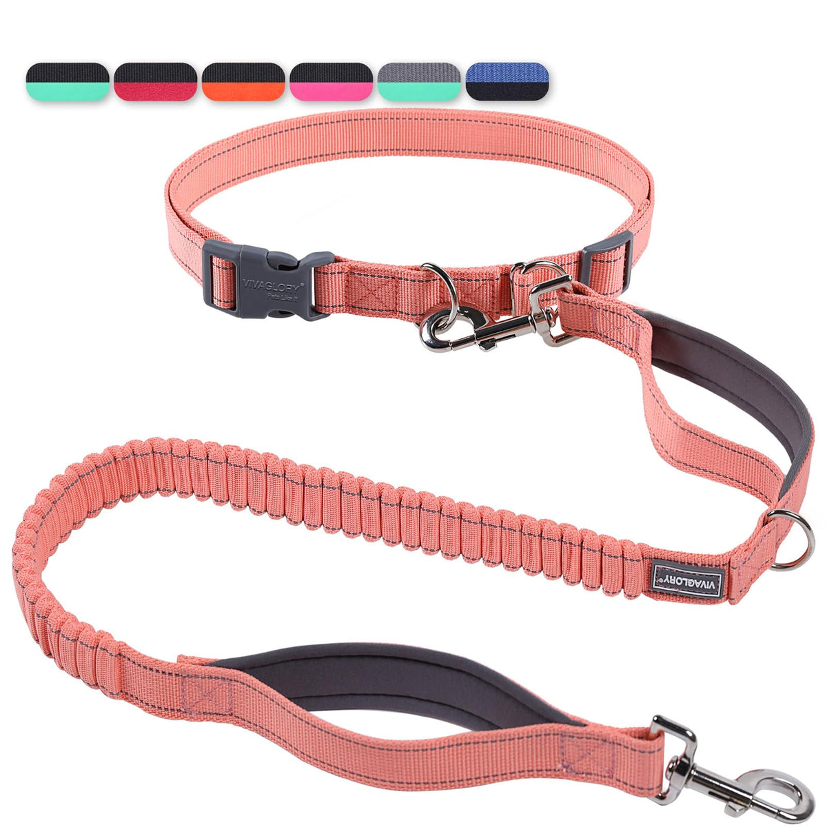VIVAGLORY Hands Free Dog Leash Bungee Waist Leash for Dog, S, Black/Pink2