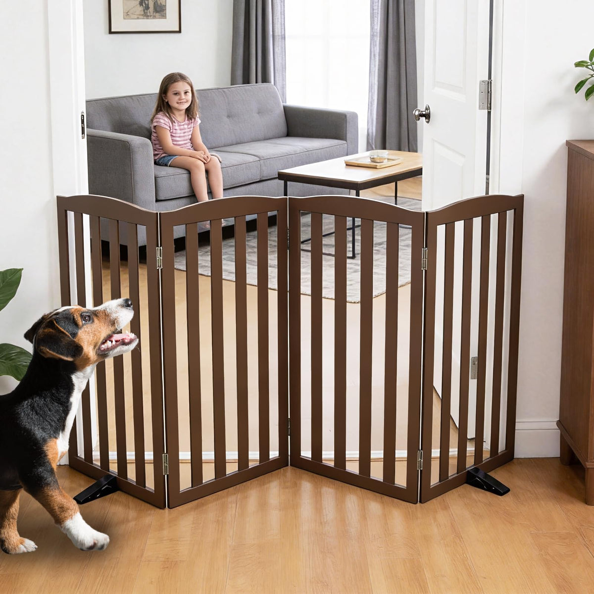 ZJSF Foldable Freestanding Indoor Dog Gate for House Wood White Long Pet Gates Dog Fence for Stairs Puppy Gates for Hallways,Pet Fence, Puppy Gate,Support Feet Included 24 "Height-3 Panels