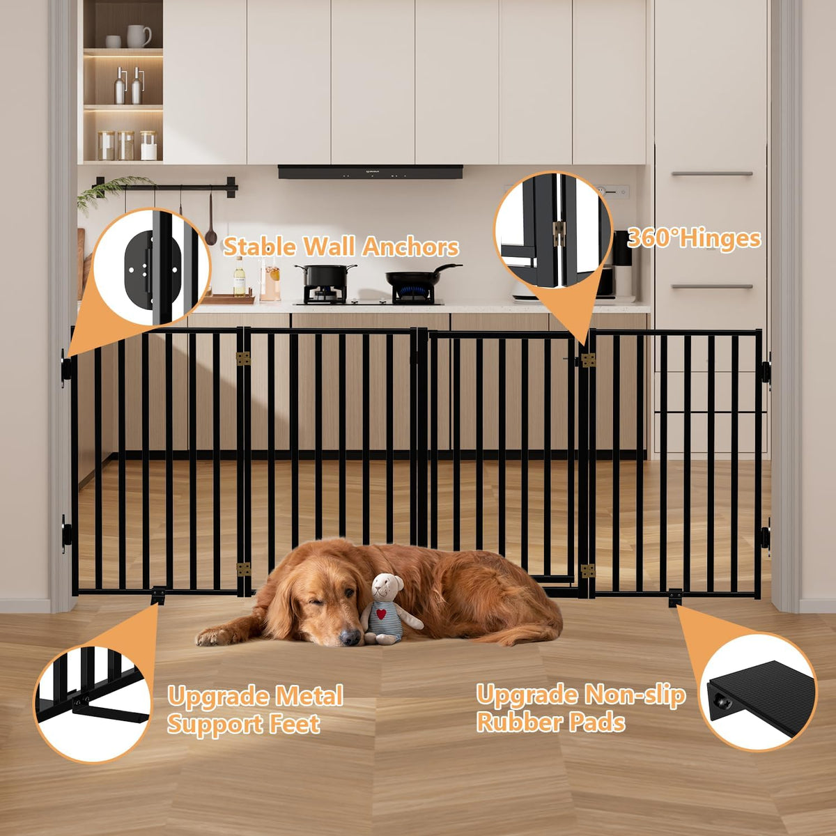 Full Metal Freestanding Dog Gates with Door, 36" Height Dog Fences for Indoor & Outdoor, Extra Wide Foldable Pet Gates for Stairs, Hallways, Doorways, Yard (4 Panels, 80" W × 36" H)