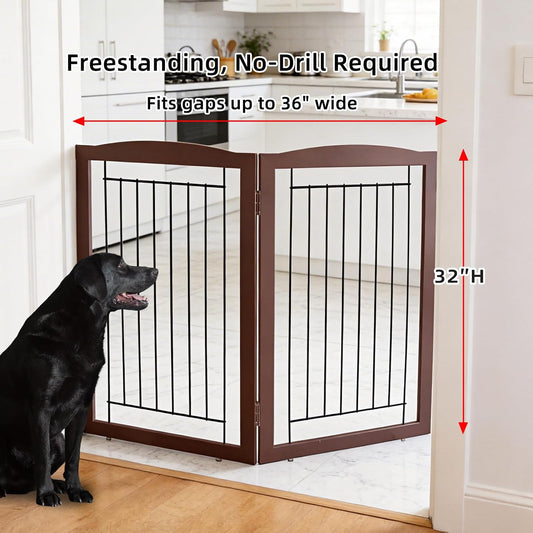 ZJSF Freestanding Foldable Dog Gate for House Extra Wide Wooden Indoor Puppy Gate Stairs Doorways Pet Gate Tall Dog Fence 2 Panels Fence Brown