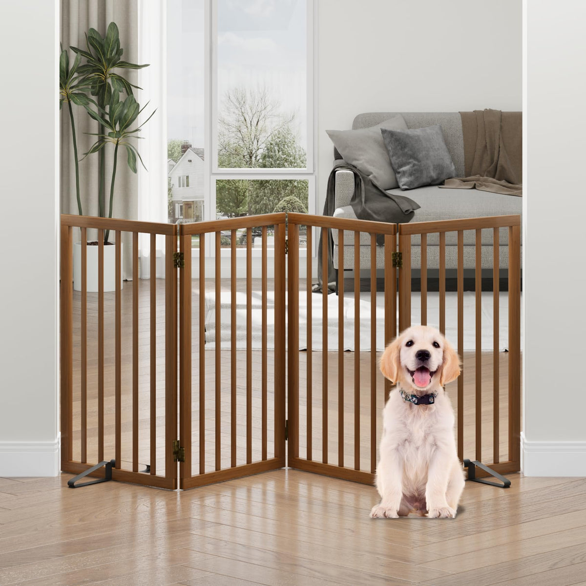 Dog Gates for Doorways, Tall Dog Gate Indoor, Foldable Pet Gates for Doorways Bedroom, Freestanding Puppy Gate with Metal Support Feet, Room Divider,3 Panels (Walnut)