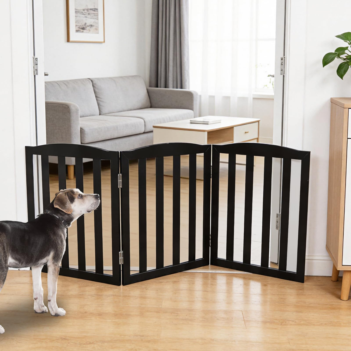 Freestanding Dog Gate Indoor,Doggie Gate Foldable Pet Gates for Doorways,Stairs or Hallways, Wooden White Pet Gate for the House, Pet Fence with Support Feet Included,24 "Height-3 Panels