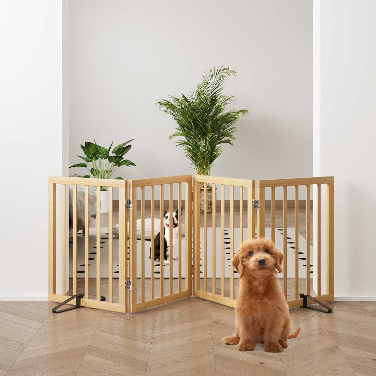 Freestanding Pet Gate Foldable 4 Panel Dog Gate Walnut Dog Gates for Stair Doorways House Indoor (2 Support Feet Included)