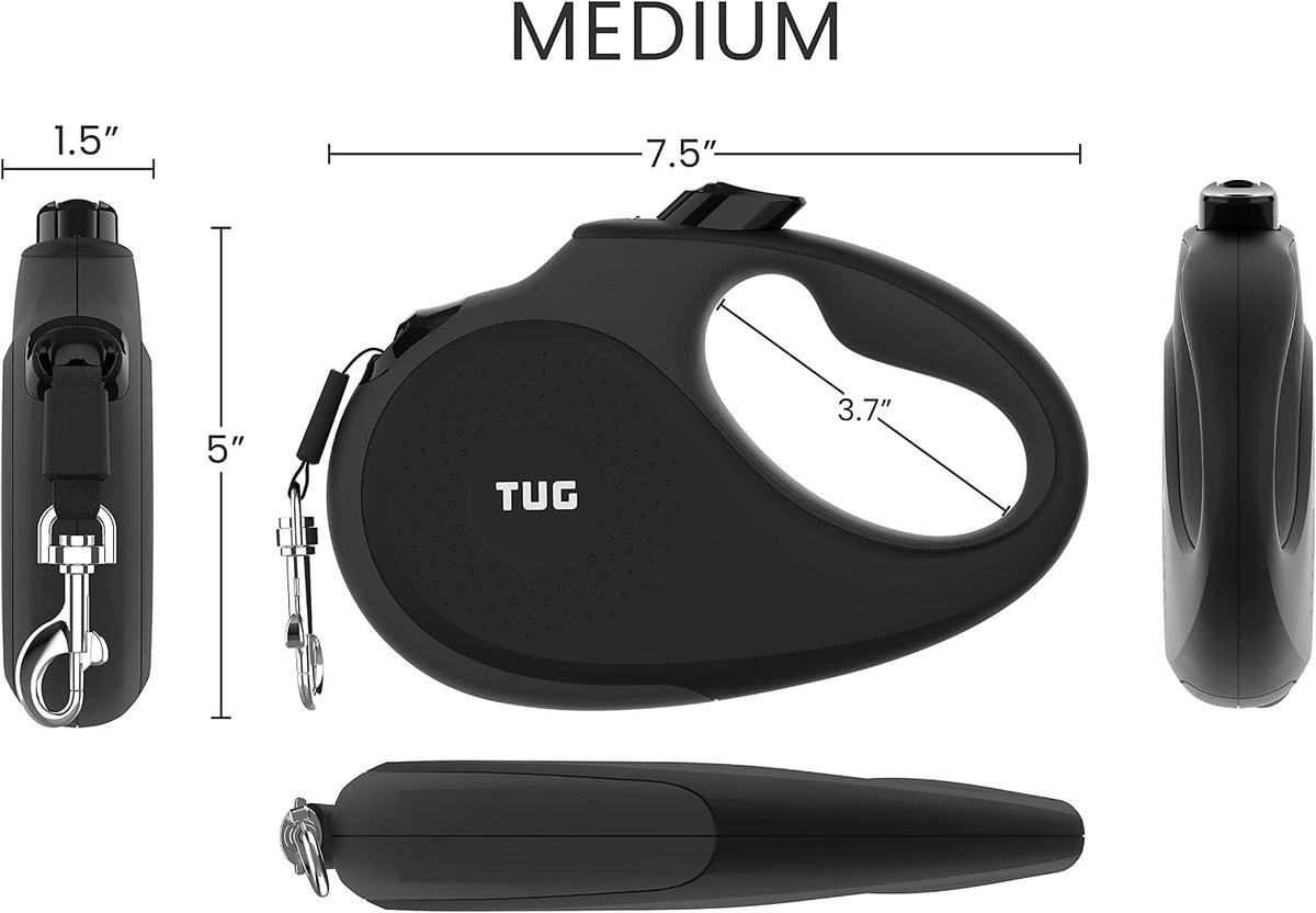 TUG Original Retractable Dog Leash, 16 ft (Medium, Black/Grey)