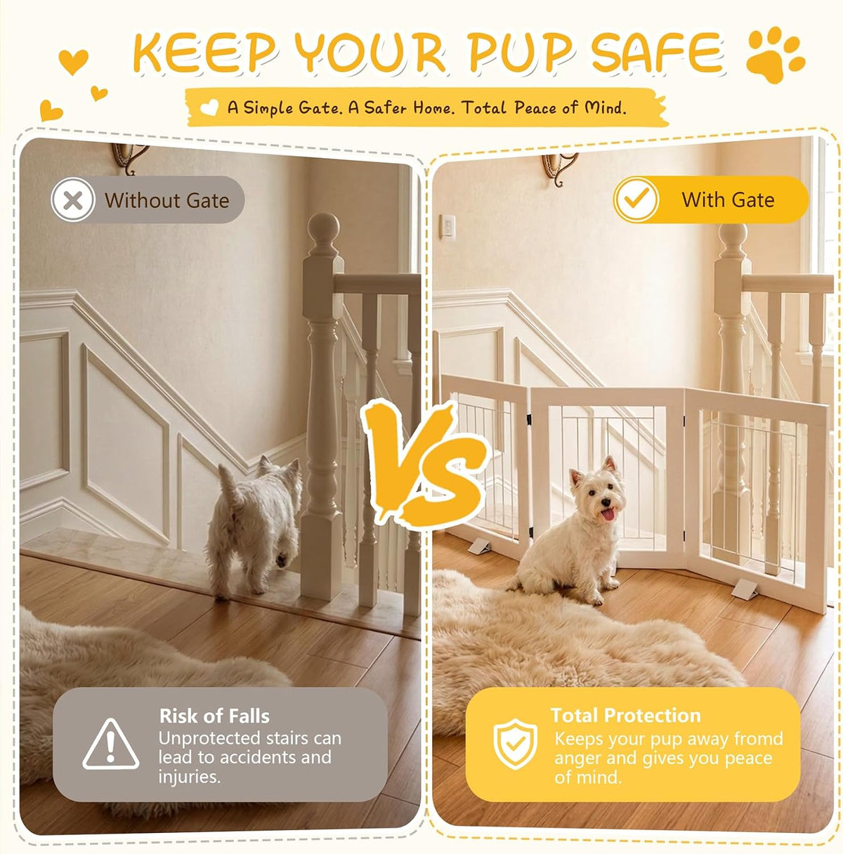 Faesun Dog Gate Indoor, Freestanding Dog Fence, 59x24-Inch Wooden Pet Gate for Dogs, 3-Panel Puppy Gates for Doorways, Hallways, Stairs, White