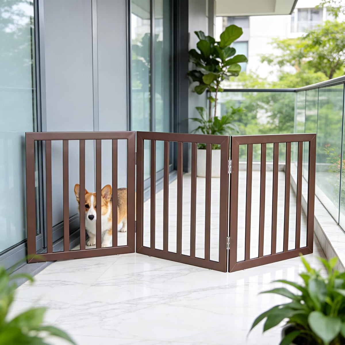 Dog Gate Indoor, Freestanding Dog Fence for The House, Doorways, Hallways,or Stairs,Pet Gate Foldable Wooden,Expandable 24" Height 3 Panels,Brown