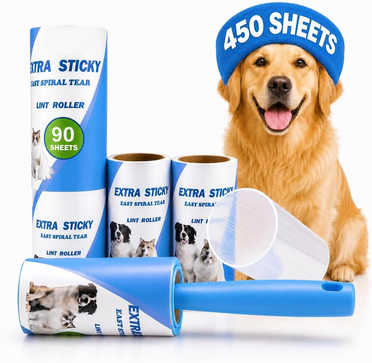 Pet Hair Remover Roller, Extra Sticky, 5 Rolls 450 Sheets, Dust Cover