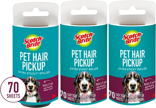 Scotch-Brite Pet Hair Pickup Extra Sticky Lint Roller Refills, Refills Only, 50% Stickier, 4 in x 36.2 ft Each, 70 Sheets Per Refill, 3 Pack, 210 Total Sheets
