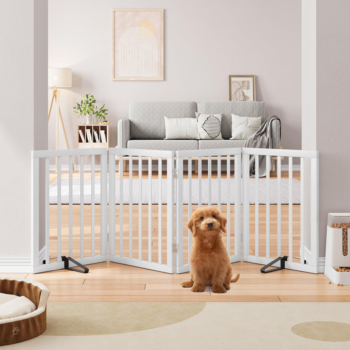 Semiocthome Dog Gate Indoor 2-Panel Freestanding Puppy Gates for The House with 2 Metal Stands 24" H Folding Wood Pet Gate for Stairs Doorway, Fully Assembled Safety Fence - Walnut