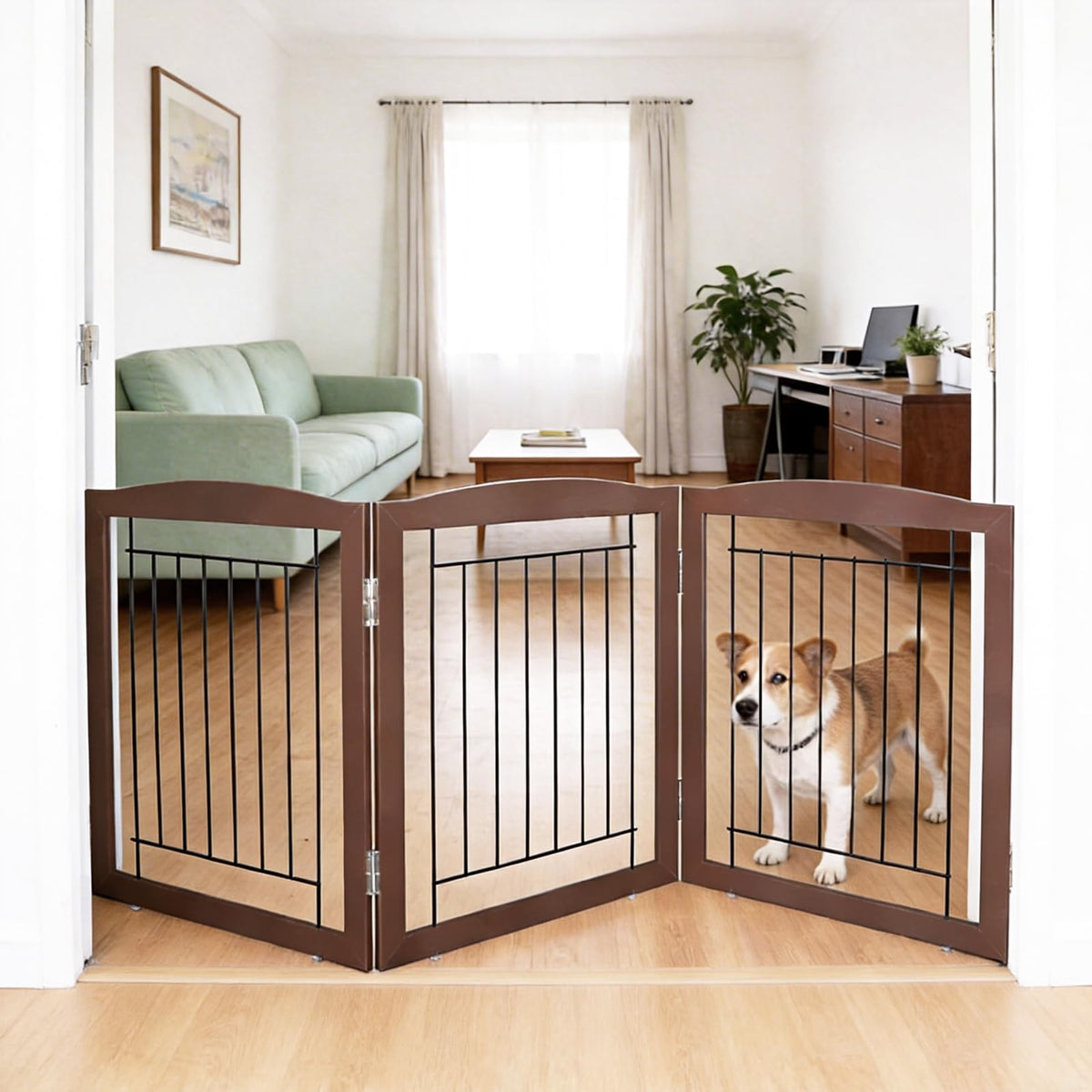 ZJSF Freestanding Foldable Dog Gate for House Extra Wide Wooden White Indoor Puppy Gate Stairs Doorways Pet Gate Tall Dog Fence 3 Panels Fence